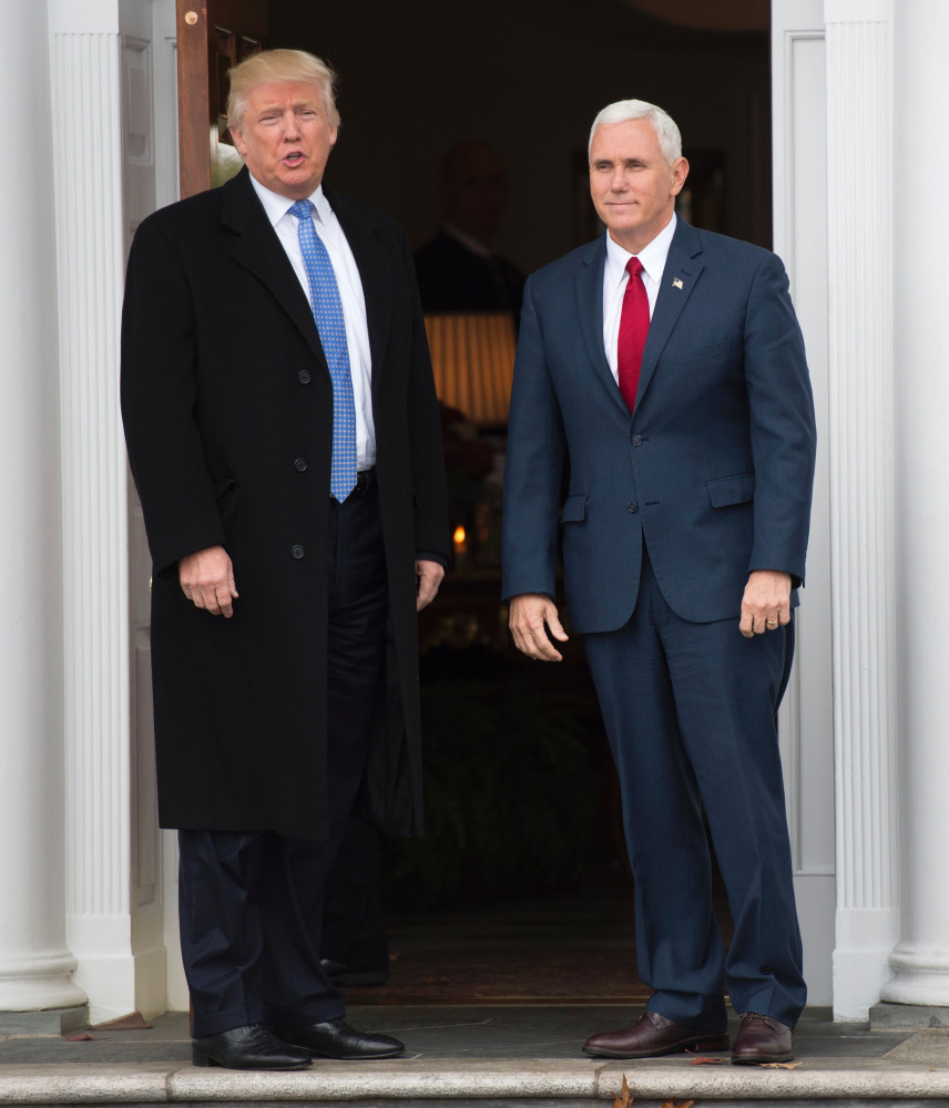 President-elect Donald Trump and Vice President Elect Mike Pence arrive for a day of meetings at the clubhouse of Trump National Golf Club November 20, 2016 in Bedminster, NJ. Trump meets a slate of potential cabinet members at his golf club Sunday, inclu