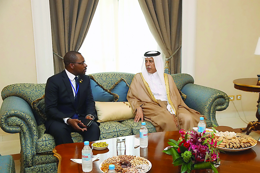 Deputy Prime Minister and Minister of State for Cabinet Affairs H E Ahmed bin Abdullah bin Zaid Al Mahmoud with the Minister of Mines, Industry and Energy of Equatorial Guinea, Gabriel M Obiang Lima, on the sidelines of his visit to Equatorial Guinea to c