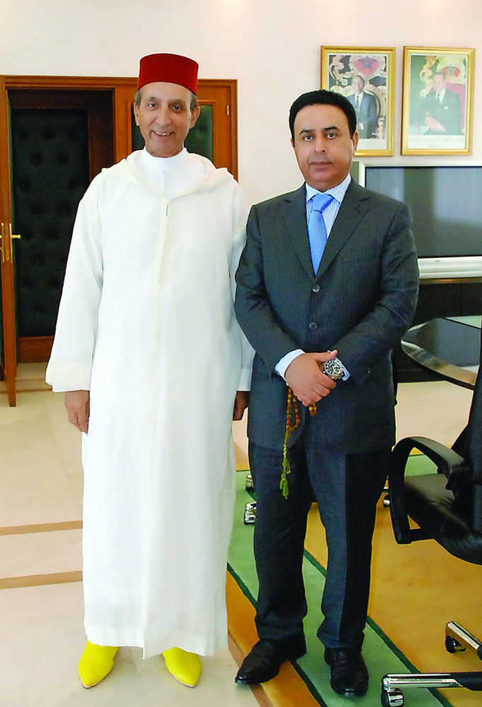 Moroccan Minister of Interior Mohamed Hassad (left) with Qatar's Ambassador Abdullah bin Falah bin Abdullah Al Dossari. They reviewed bilateral relations and means of boosting and developing them.