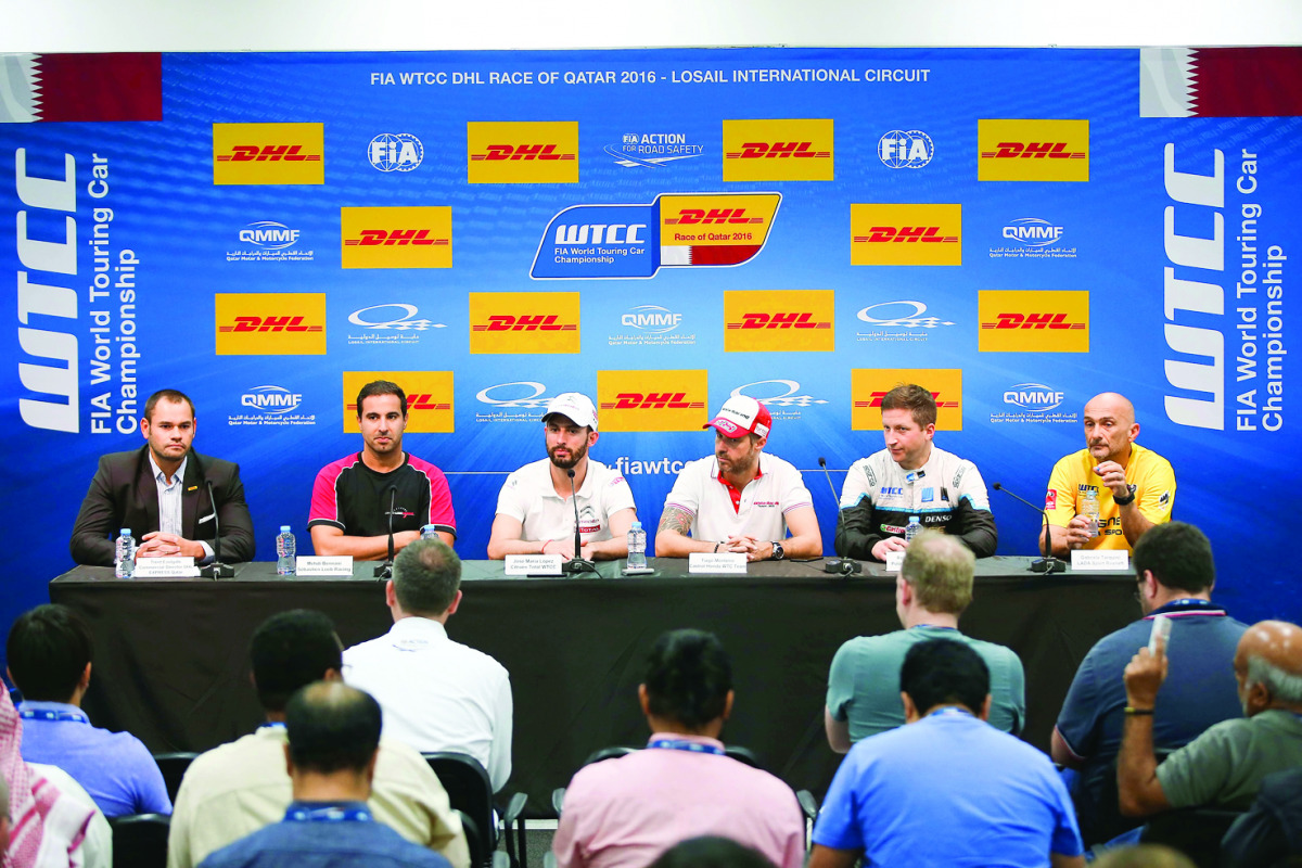 FROM LEFT: Mehdi Bennani (Sebastian Loeb Racing), Jose Maria Lopez, the reigning FIA World Touring Car Champion, Tiago Monteiro (Castrol Honda WTC) and Robert Dahlgren (Polestar Cyan Racing) speak to media during a press conference at Losail International
