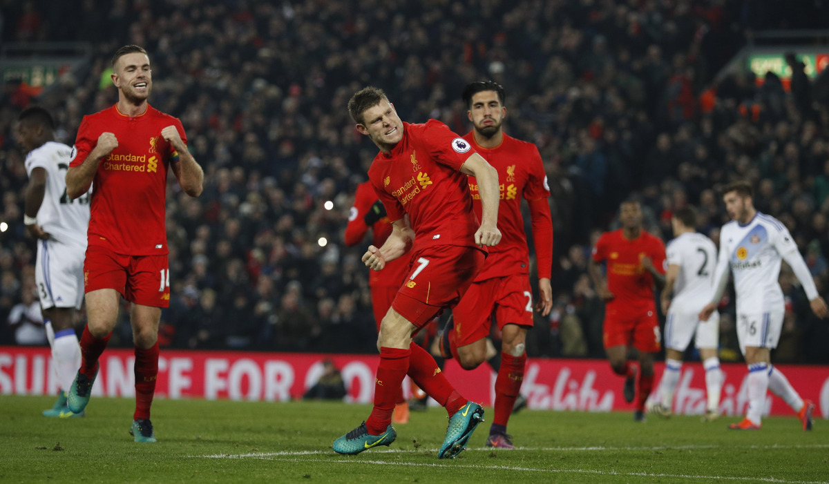 Liverpool's James Milner celebrates scoring their second goal. (Reuters / Phil Noble Livepic)