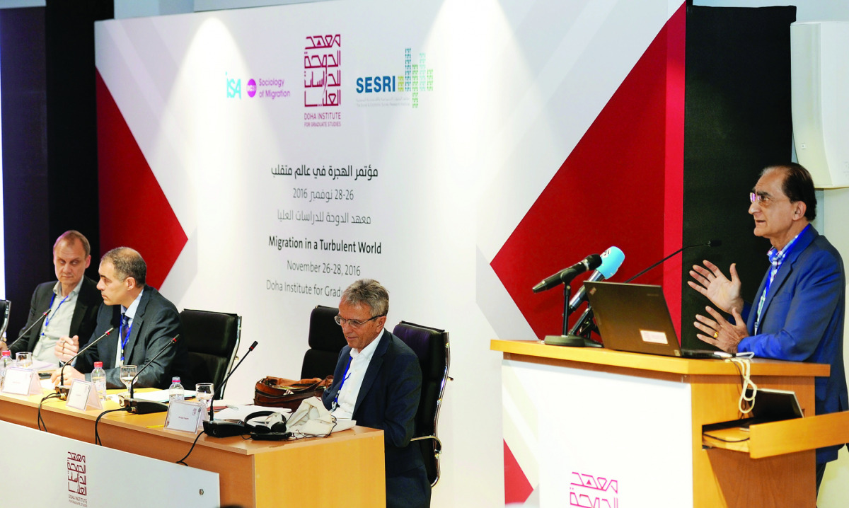 Tariq Modood, University of Bristol, UK, addressing the conference at the Doha Institute for Graduate Studies in Doha yesterday. Others from left are, Adrian Favell from the University of Leeds (UK), Nabil Khattab of DIGS, and Philippe Frague of European 