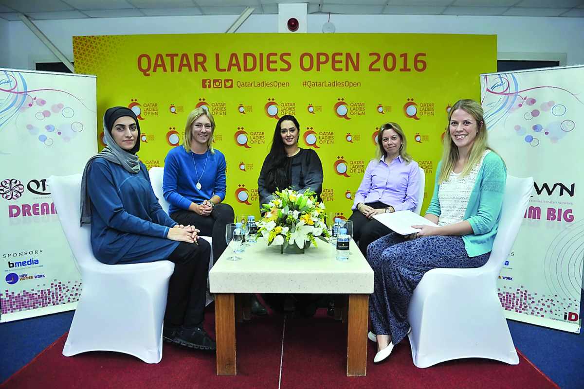 From Left: Amina Ahmadi, Co-Founder, Oola Sportswear, Rosie Davies, professional golfer on the Ladies European Tour, Nada Zeidan, Archer and road racer, Rula Soussou, event planning and management expert and Emma, the moderator, during 'Women in Business 