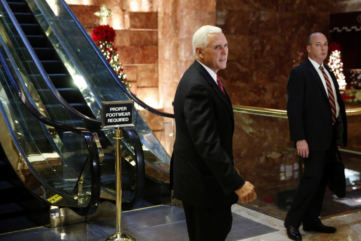 Vice President-elect Mike Pence departs after a meeting with U.S. President elect Donald Trump at Trump Tower New York, U.S., November 28, 2016. REUTERS/Lucas Jackson