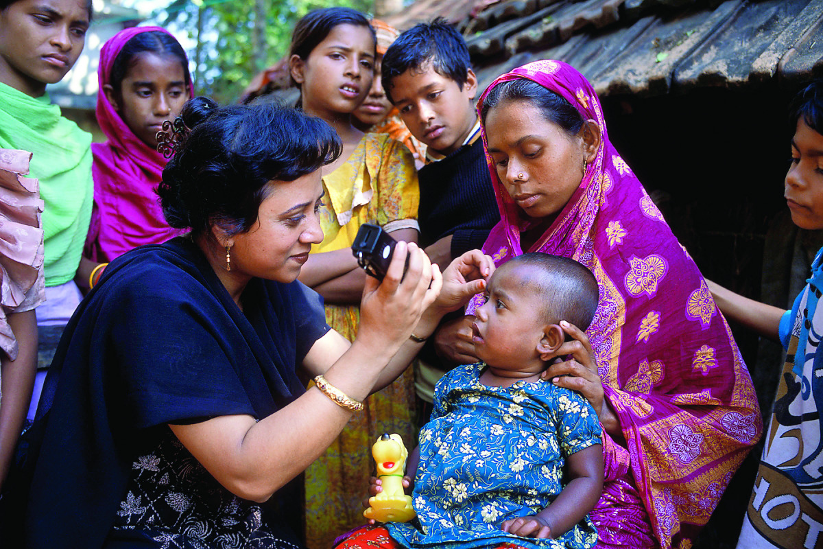 Orbis Primary Eye Care Worker, Afroza Yasmin, screening for eye conditions and diseases in rural Khulna, Bangladesh.Orbis is an international eye care charity which is leading Qatar Creating Vision initiative.
