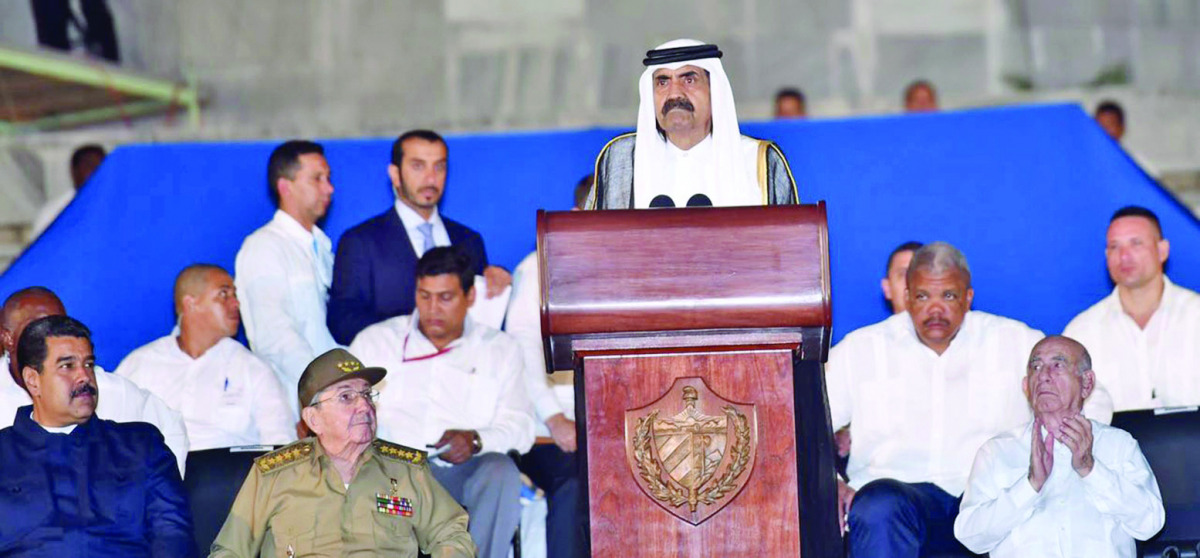 Father Emir H H Sheikh Hamad bin Khalifa Al Thani speaking at the funeral of Fidel Castro in Havana yesterday. Also present are Cuban President Raul Castro and Venezuelan President Nicolas Maduro.