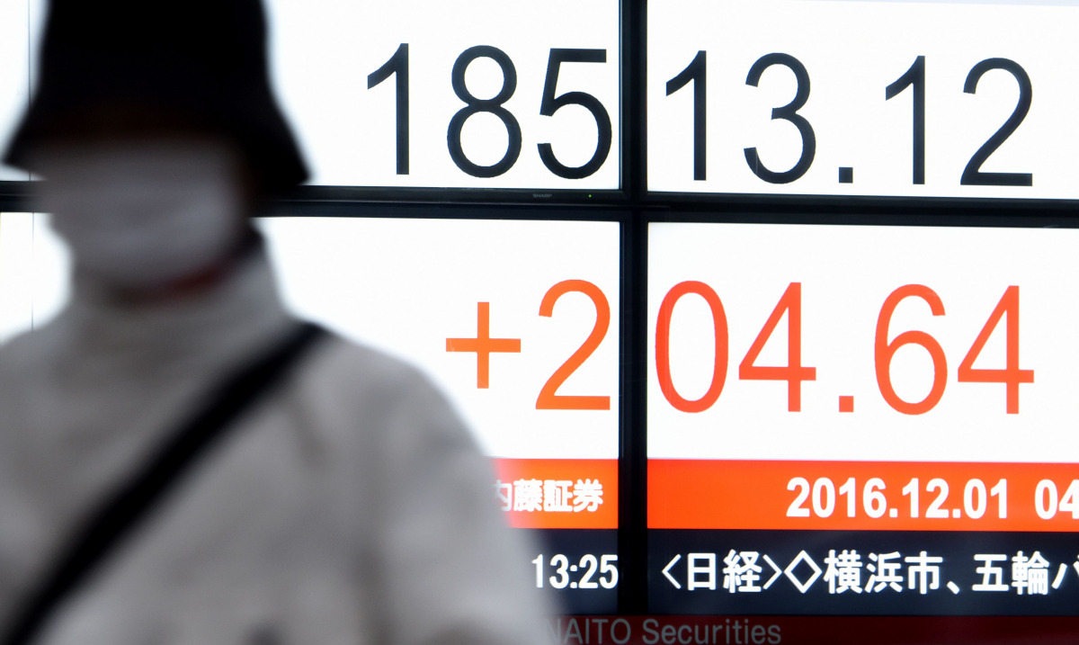 A woman walks past an electric quotation board displaying the Nikkei key index of the Tokyo Stock Exchange (TSE) in front of a securities company in Tokyo on December 1, 2016. Tokyo's benchmark stock index on December 1 jumped to its best close this year,