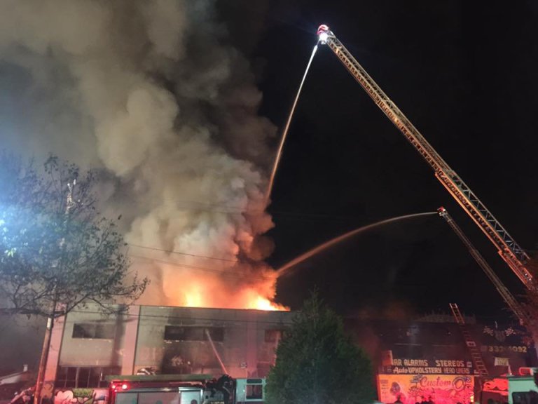 Firefighters tackle the flames at the Ghost Ship nightclub (Picture: Darin Marshall/Facebook)