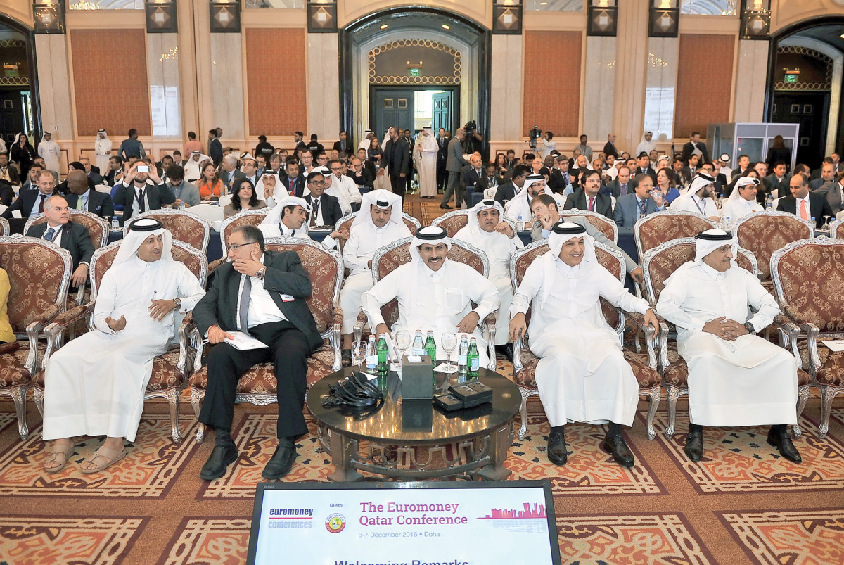 Minister of Finance H E Ali Sherif Al Emadi (fourth left); QCB Governor H E Sheikh Abdullah bin Saud Al Thani (centre) and Sheikh Abdulla bin Mohammed bin Saud Al Thani (first right) Chairman of Ooredoo, at the Euromoney Qatar Conference held yesterday at