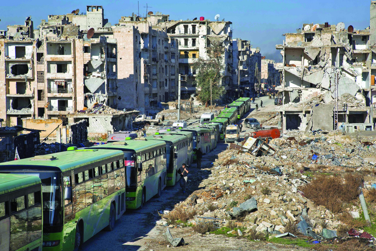 Buses are seen during an evacuation operation of rebel fighters and their families from rebel-held neighbourhoods in Aleppo yesterday.
