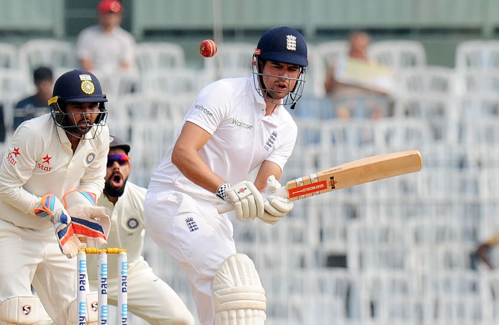 England's cricket captain Alastair Cook plays a shot during the fifth day of the fifth and final Test cricket match between India and England at the MA Chidambaram Stadium in Chennai on December 20, 2016. GETTYOUT / AFP / ARUN SANKAR