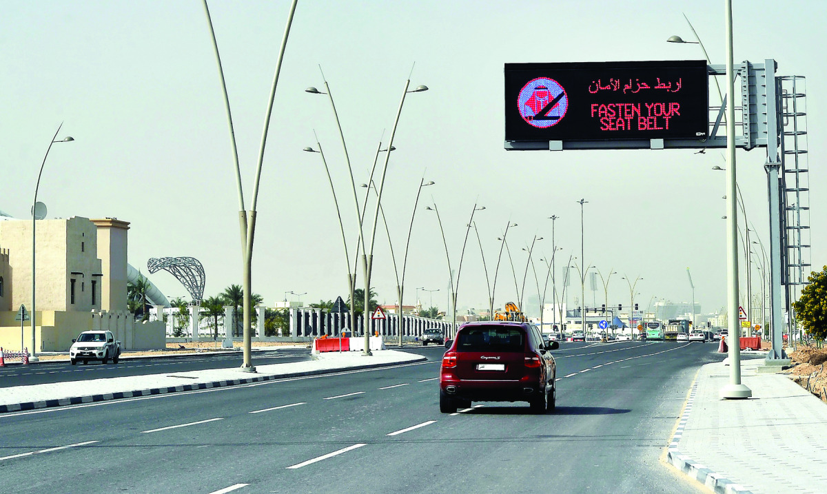 A newly installed digital signboard in Thumama area, on Najma Street between D Ring Road and E Ring Road, to raise public awareness about traffic safety.  Pic: Abdul Basit / The Peninsula