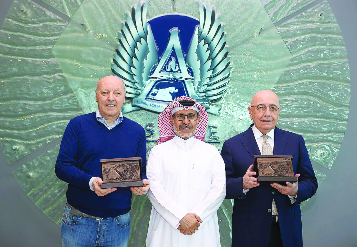 Ali Salem Afifa, Deputy Director General of Aspire Academy poses for a photograph with Adriano Galliani, Vice-President and CEO of AC Milan and Giuseppe Marotta, CEO of league-leaders Juventus FC during the later's visit to the Aspire Academy on Thursday.