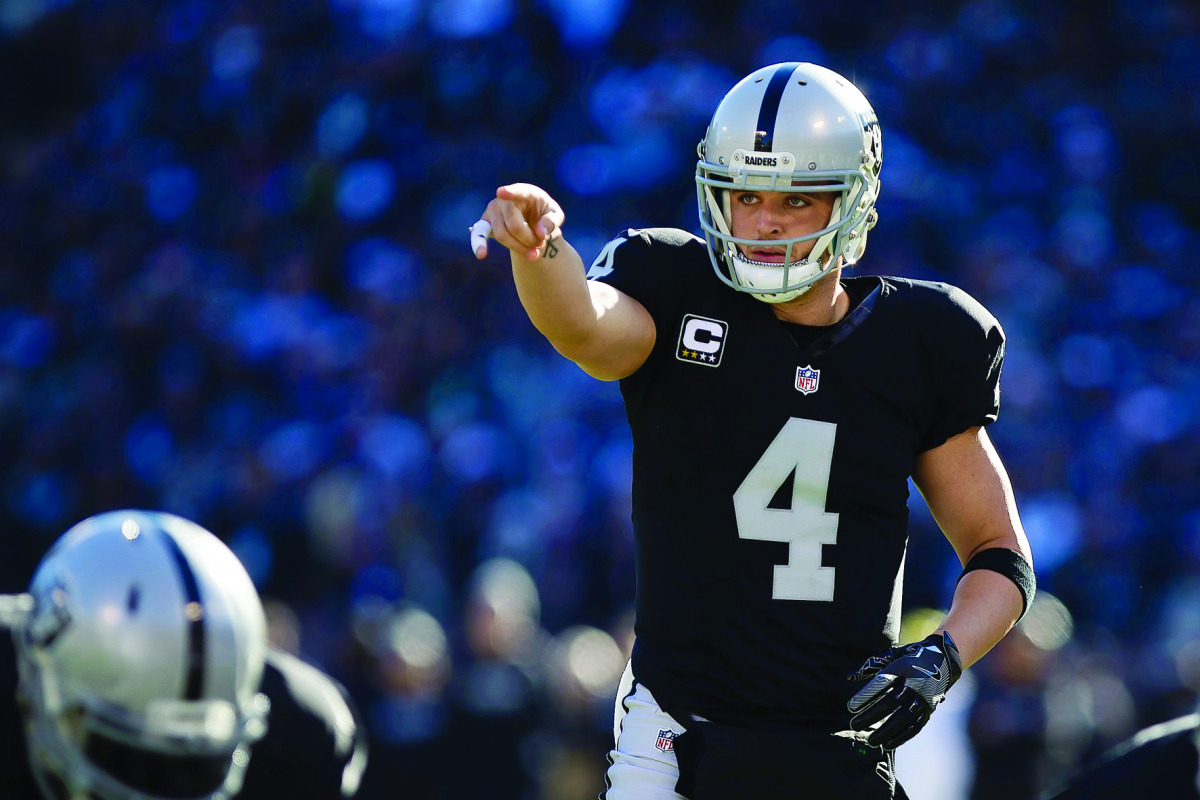 Oakland Raiders quarterback Derek Carr gestures before the snap against the Indianapolis Colts during their NFL match at the Oakland Coliseum in Oakland, California yesterday.