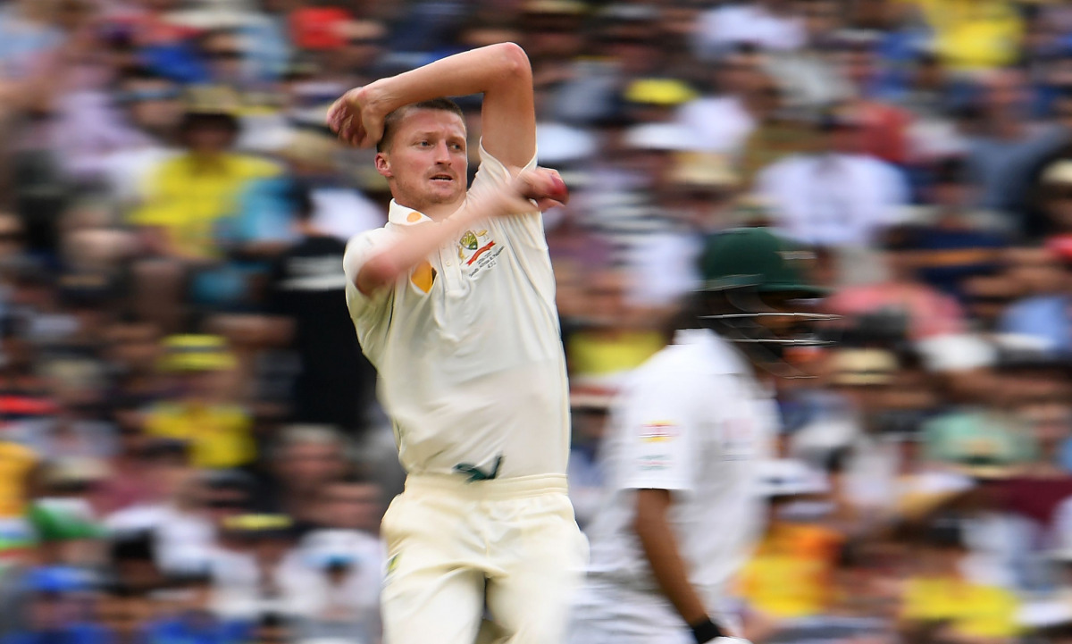 Australia's Jackson Bird sends down a delivery as Pakistan batsman Azhar Ali looks on, during the first day of the second cricket Test match in Melbourne yesterday.
