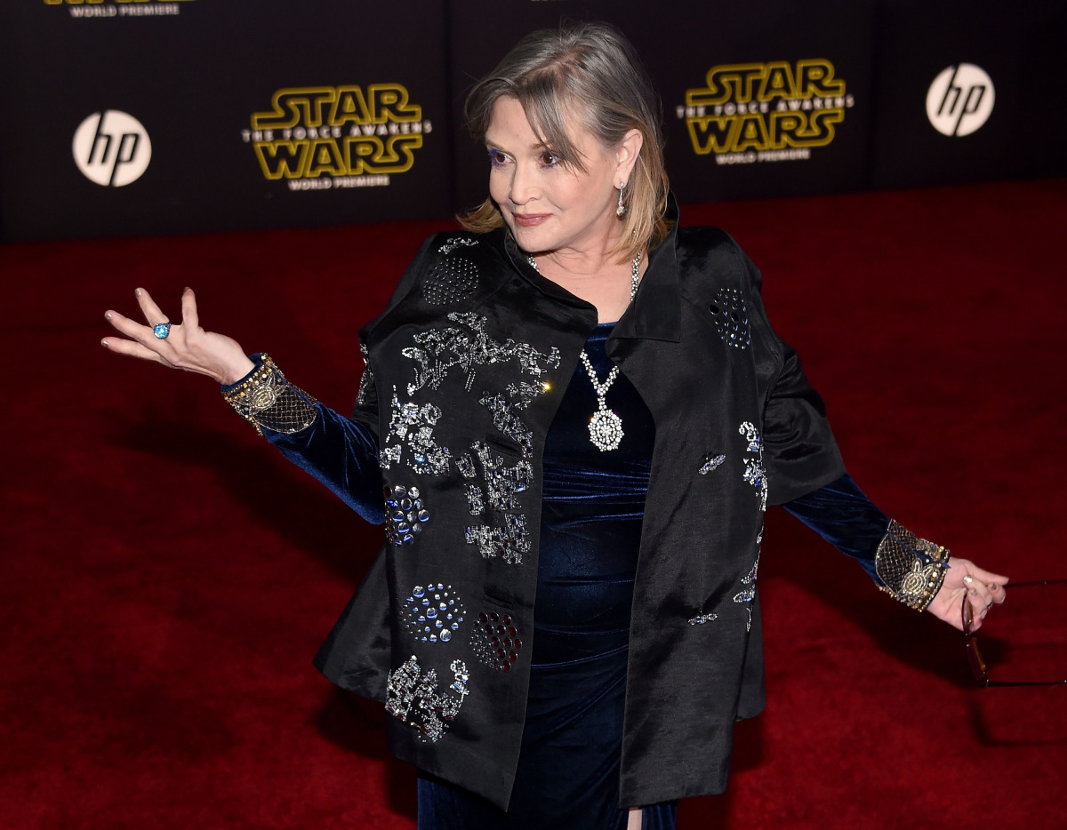 This file photo taken on December 14, 2015 shows US actress Carrie Fisher attending the premiere of Walt Disney Pictures and Lucasfilm's 