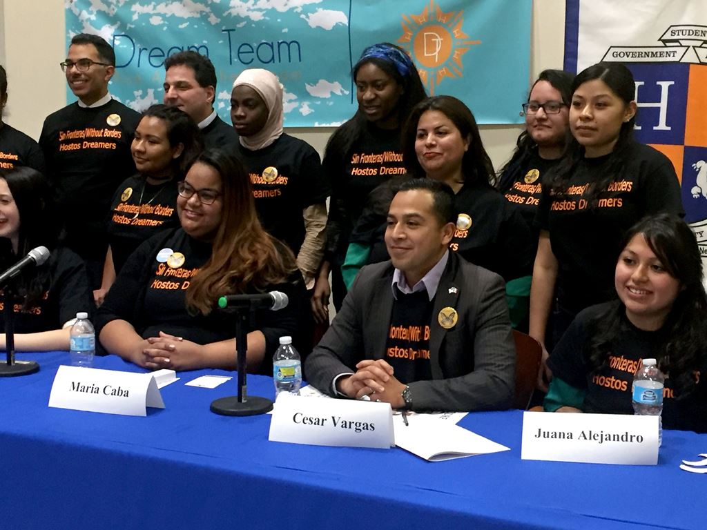 Juana Alejandro (R seated) and her sister Ines Alejandro (R standing) participate in a conference with the 