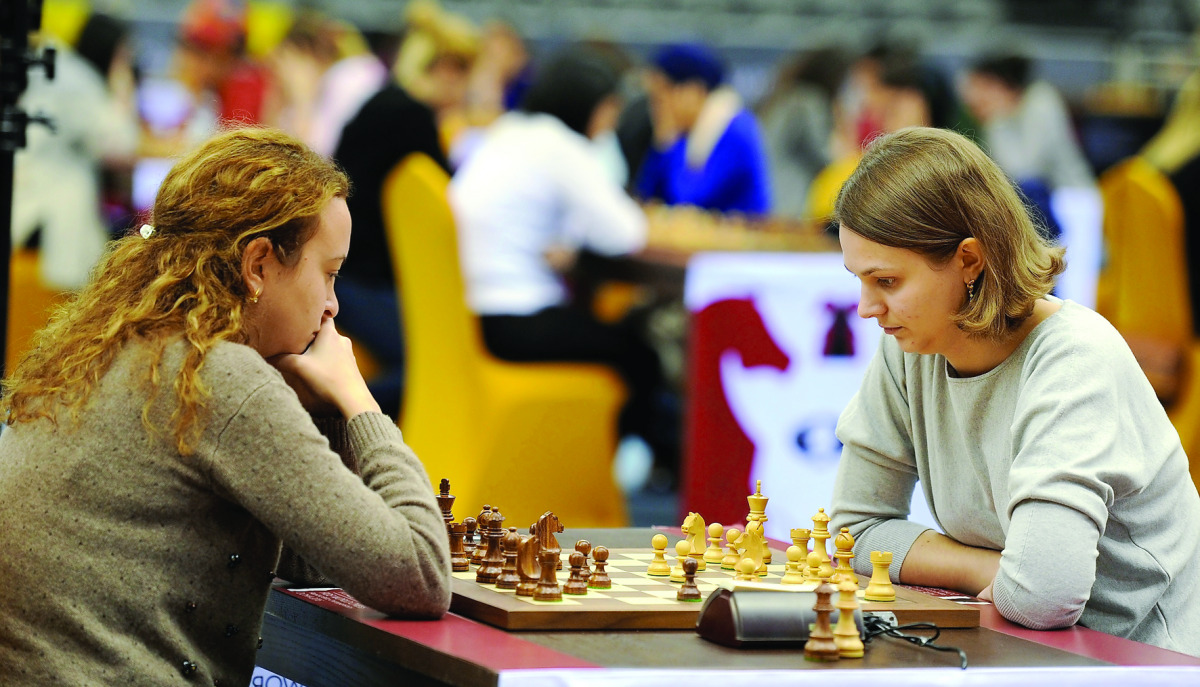 Anna Muzychuk of Ukraine (right) in action during the World Rapid Chess competition at the Ali Bin Hamad Al Attiyah Arena, in Doha, yesterday.  Picture by: Salim Matramkot/The Peninsula