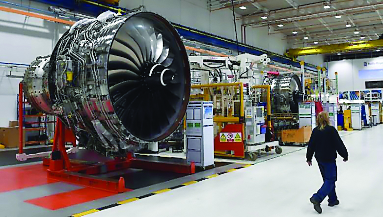 Rolls Royce Trent XWB engines, designed specifically for the Airbus A350 family of aircraft, are seen on the assembly line at the Rolls Royce factory in Derby, UK.