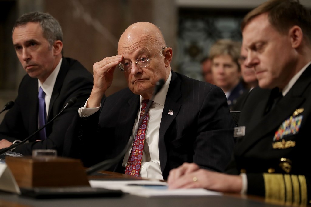 (L-R) Defense Undersecretary for Intelligence Marcell Lettre II, Director of National Intelligence James Clapper and United States Cyber Command and National Security Agency Director Admiral Michael Rogers testify before the Senate Armed Services Committe