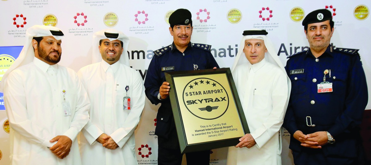 Qatar Airways Group Chief Executive Akbar Al Baker (second right), Hamad International Airport Chief Operating Officer Engineer Badr Mohammed Al Meer, Airport Security Department (MOI) Director Brigadier Essa Arar Al Rumaihi, Director of the Airport Passp
