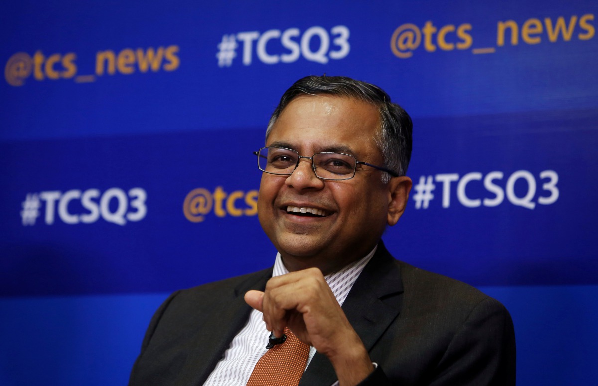 FILE PHOTO: Tata Consultancy Services (TCS) Chief Executive N. Chandrasekaran speaks during a news conference in Mumbai January 16, 2014. REUTERS/Danish Siddiqui
