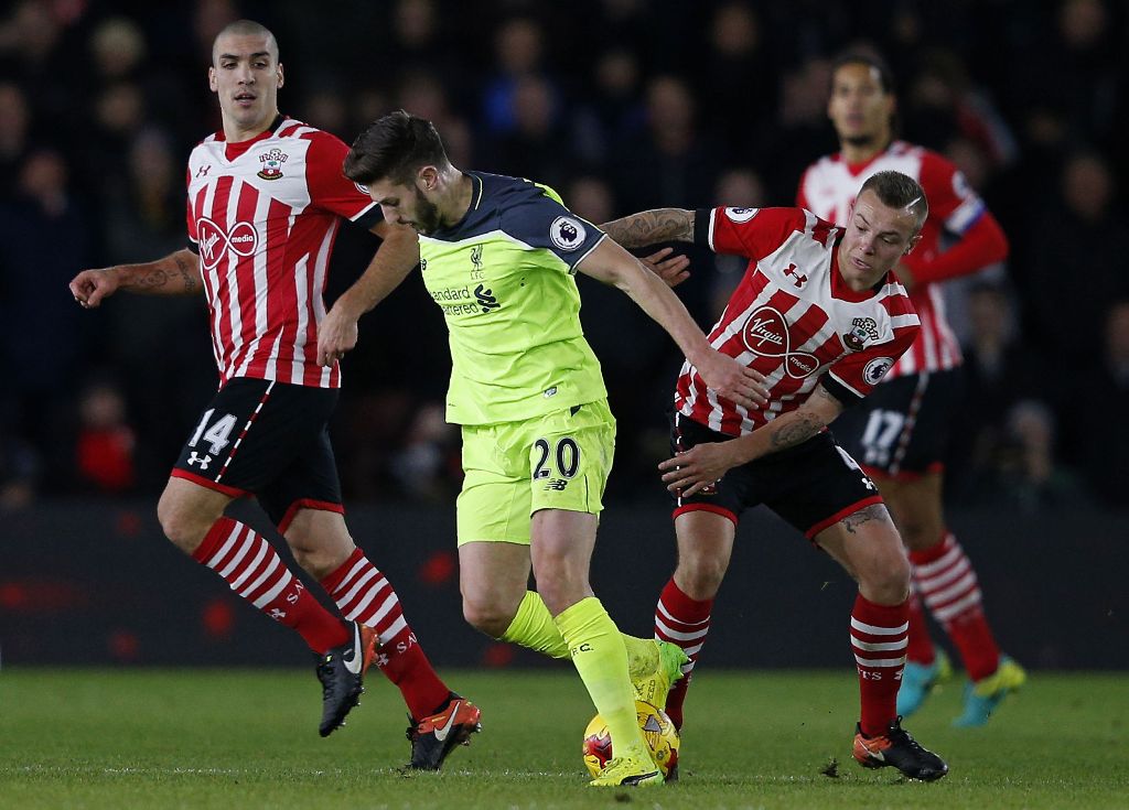 Adam Lallana during the EFL Cup semi-final first-leg football match between Southampton and Liverpool at St Mary's Stadium in Southampton, southern England on October January 11, 2017.  AFP / Adrian DENNIS 