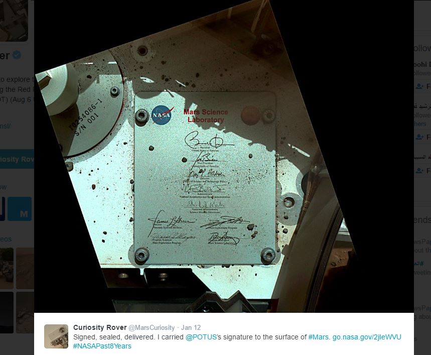 The screen grab of the @MarsCuriosity tweet. 