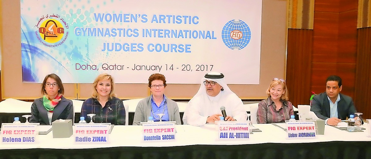 Qatar Gymnastics Federation (QGF) President Ali Al Hitmi (third right) and experts from the International Gymnastics Federation (FIG) (left to right) Helena Diaz, Radi Zinal, Donattela Sacchi, Liubov Andrianova and the QGF Technical Director Anis Saoud (r