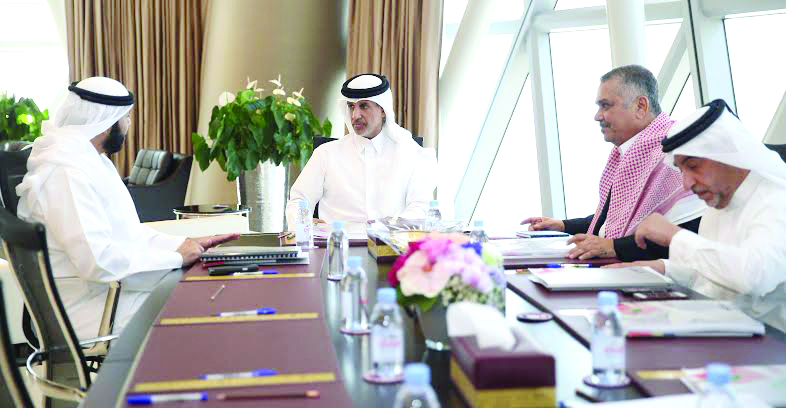 Qatar Football Association (QFA) President Sheikh Hamad bin Khalifa bin Ahmed Al Thani (centre) chairing a meeting of Arab Gulf Cup Football Federation's (AGCFF) Emergency Committee at Al Bidda Tower in Doha.  Marwan Ahmad bin Ghalita, President of the UA