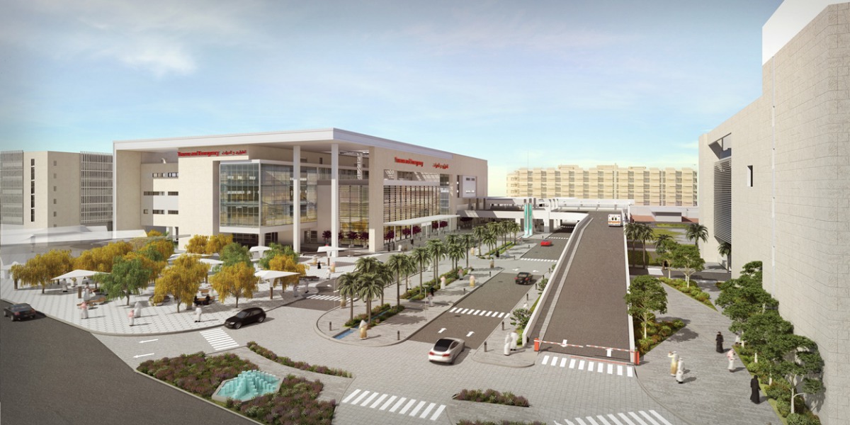 Aerial view of the new trauma and emergency building at Hamad General Hospital.