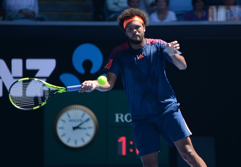 Jo-Wilfred Tsonga of France plays a forehand in his third round match against Jack Sock of The United States of America on day five of the 2017 Australian Open at Melbourne Park on January 20, 2017 in Melbourne, Australia. ( Recep ?akar - Anadolu Agency )