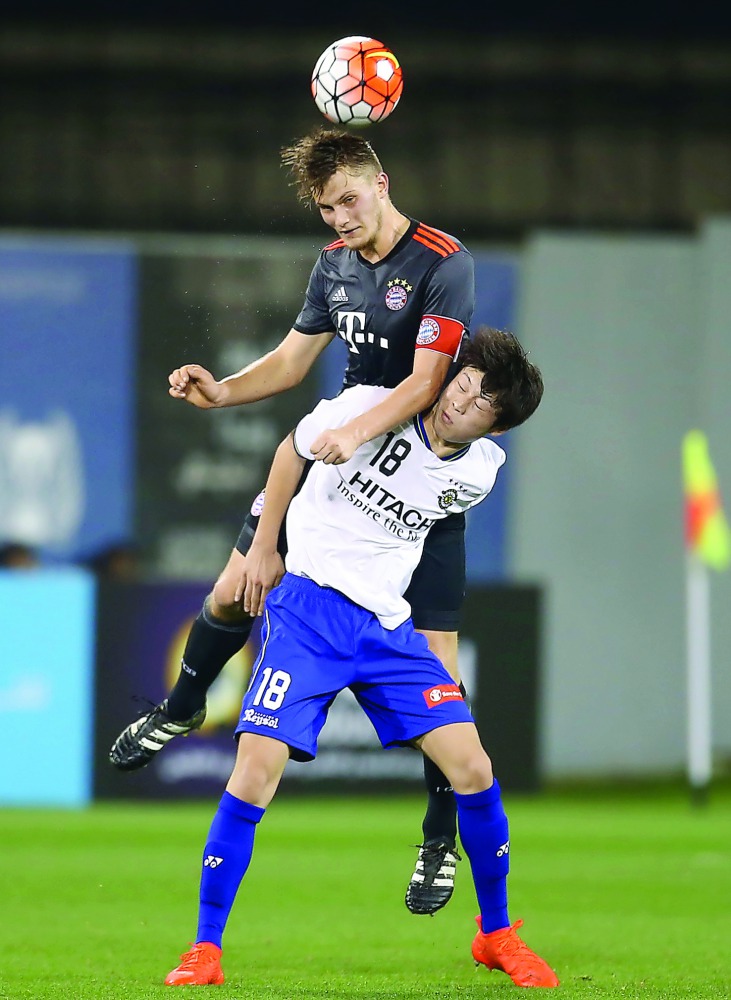 Players vie for the ball possession during their  Al Kass Cup International Under-17 group stage game between Kashiwa Reysol and Bayern Munich, played at Aspire Zone on Sunday. Kashiwa Reysol won 3-2.