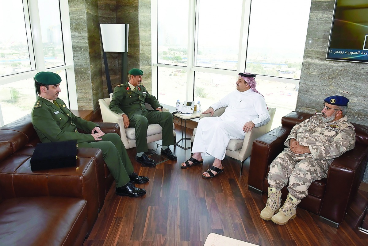Minister of State for Defence Affairs H E Dr Khalid bin Mohamed Al Attiyah with the GCC Assistant Secretary-General for Military Affairs Major-General Khalifa Hamid Al Kaabi, who approaches the end of his term in office, in Doha yesterday. Chief of Staff 