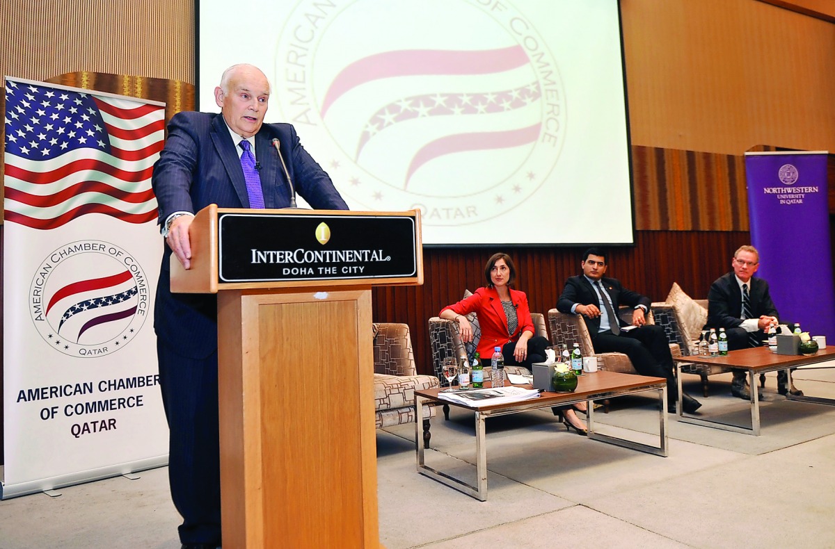 (From left) Everette E Dennis, Jocelyn Mitchell, Ali Mustafa, and Craig LaMay Q at Post Election Predications Forum hosted by American Chamber of Commerce Qatar in Doha yesterday. Pic: Abdul Basit / The Peninsula