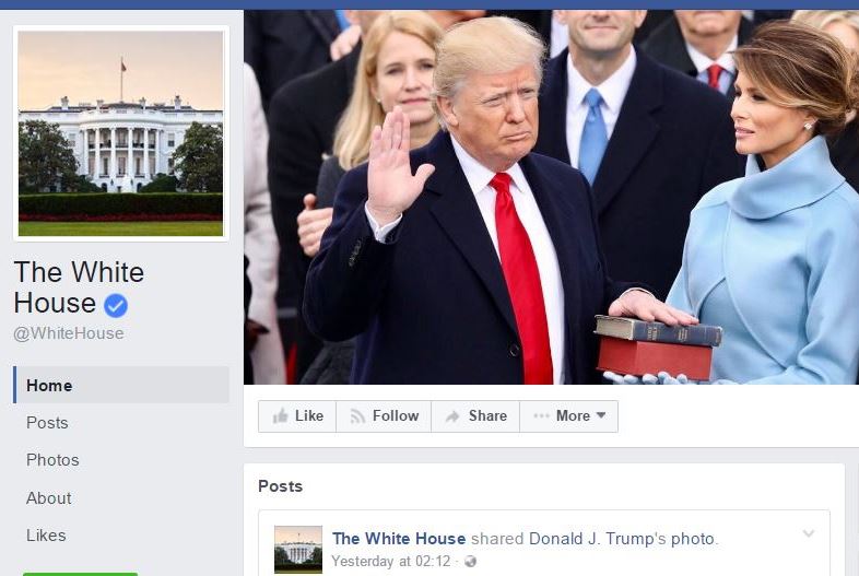 A screen grab of the official White House Facebook page for the Trump Administration.