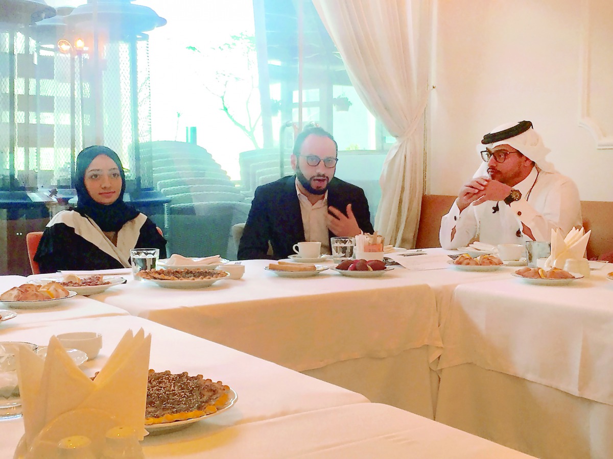 FROM LEFT: Mashal Shahbik, QTA's Festivals and Tourism Events Director; The Social Studio’s Managing Director, Hamzeh Zahr and Qatari comedian Hamad AlAmari at a press briefing at Lagoona Mall, yesterday.