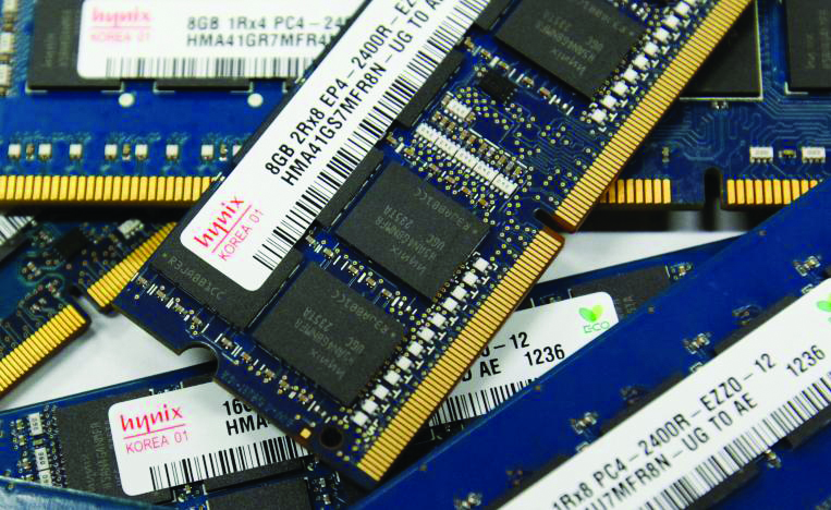  SK Hynix Inc's DRAM modules are seen at the company's main office building in Seoul.