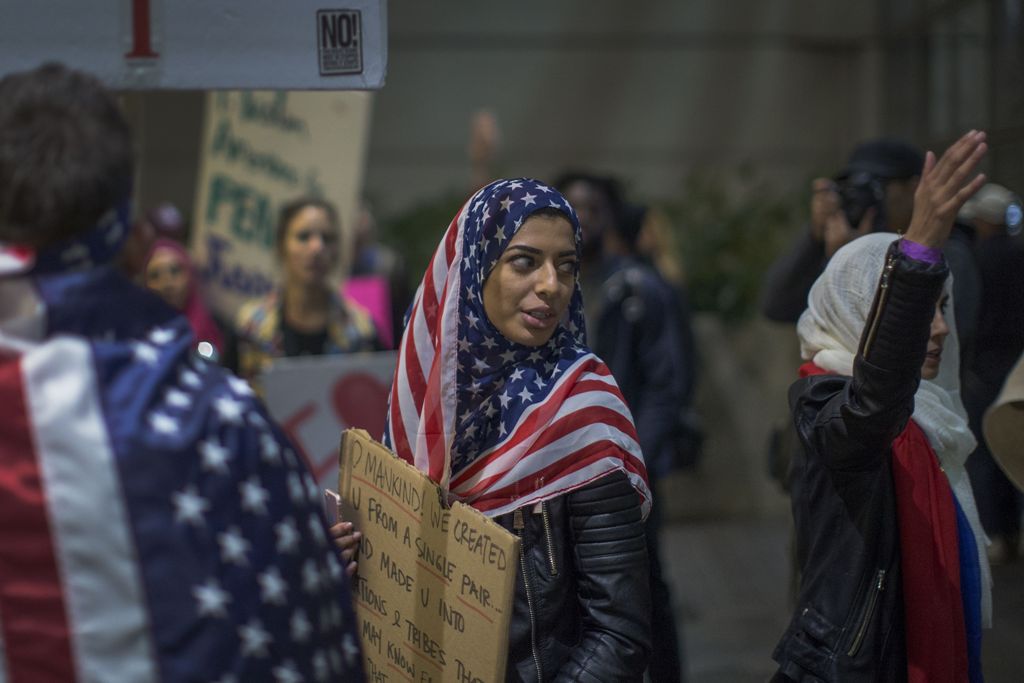 Demonstrators march in support of a ruling by a federal judge in Seattle that grants a nationwide temporary restraining order against the presidential order to ban travel to the United States from seven Muslim-majority countries, inside the Tom Bradley In