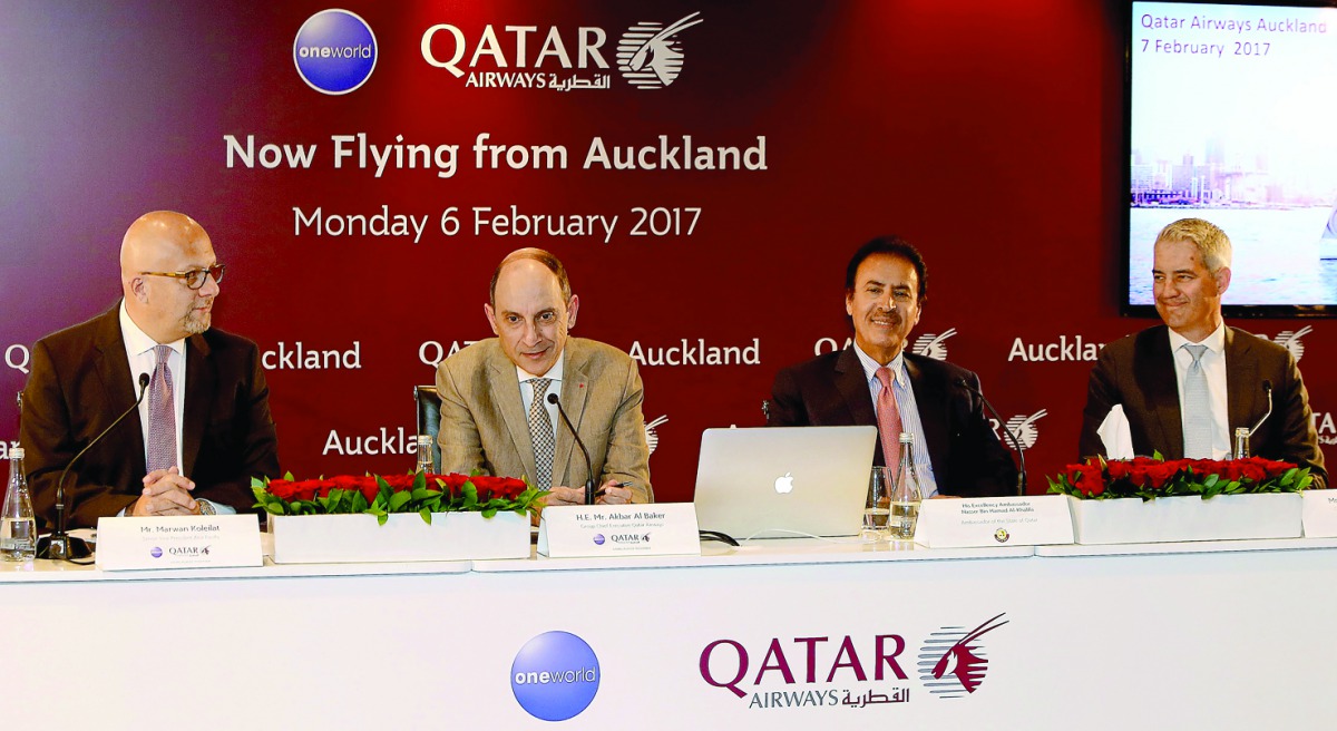FROM RIGHT: Auckland Airport Chief Executive Adrian Littlewood, Ambassador to Australia and New Zealand Nasser bin Hamad Al Khalifa; Qatar Airways Group Chief Executive Akbar Al Baker and Qatar Airways Senior Vice-President Asia Pacific Marwan Koleilat, a