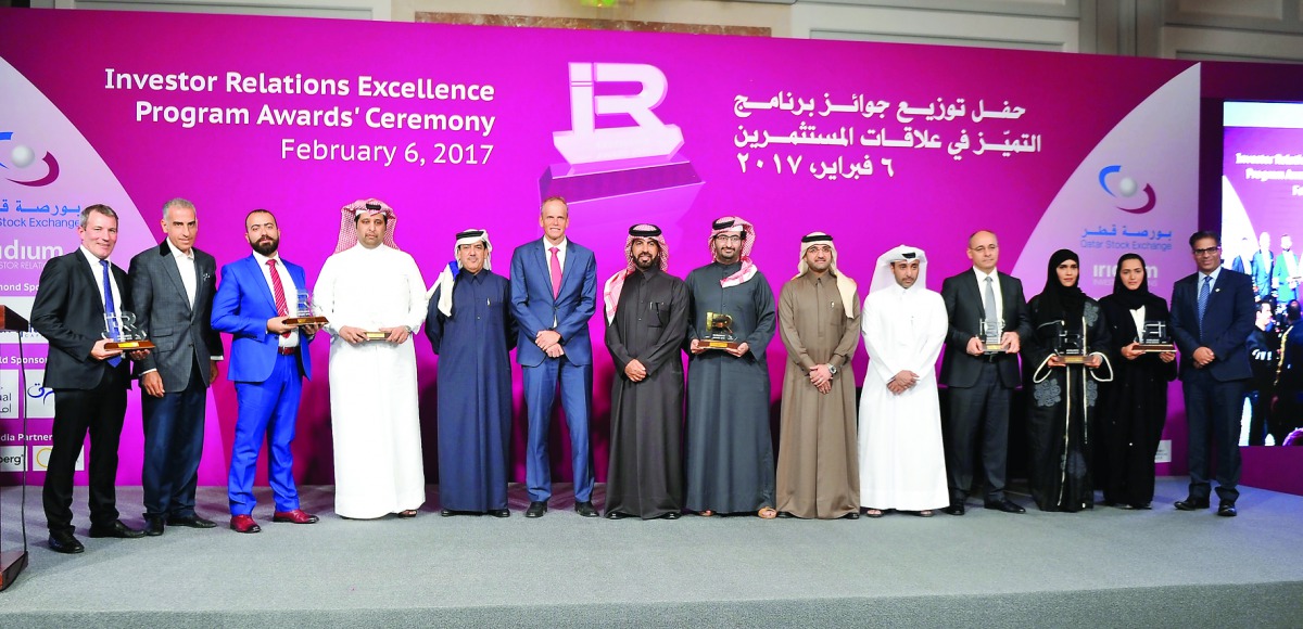 Rashid bin Ali Al Mansoori (seventh left), CEO of Qatar Stock Exchange, with all the award winners during the 2nd Annual Investor Relations Excellence Program Awards ceremony held on Monday. Picture: Abdul Basit/The Peninsula