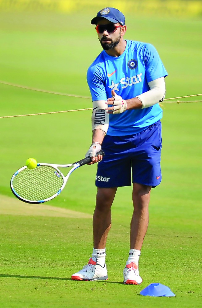 Indian captain  Virat Kohli during team's practice session on the eve of Test against  Bangladesh in Hyderabad yesterday.