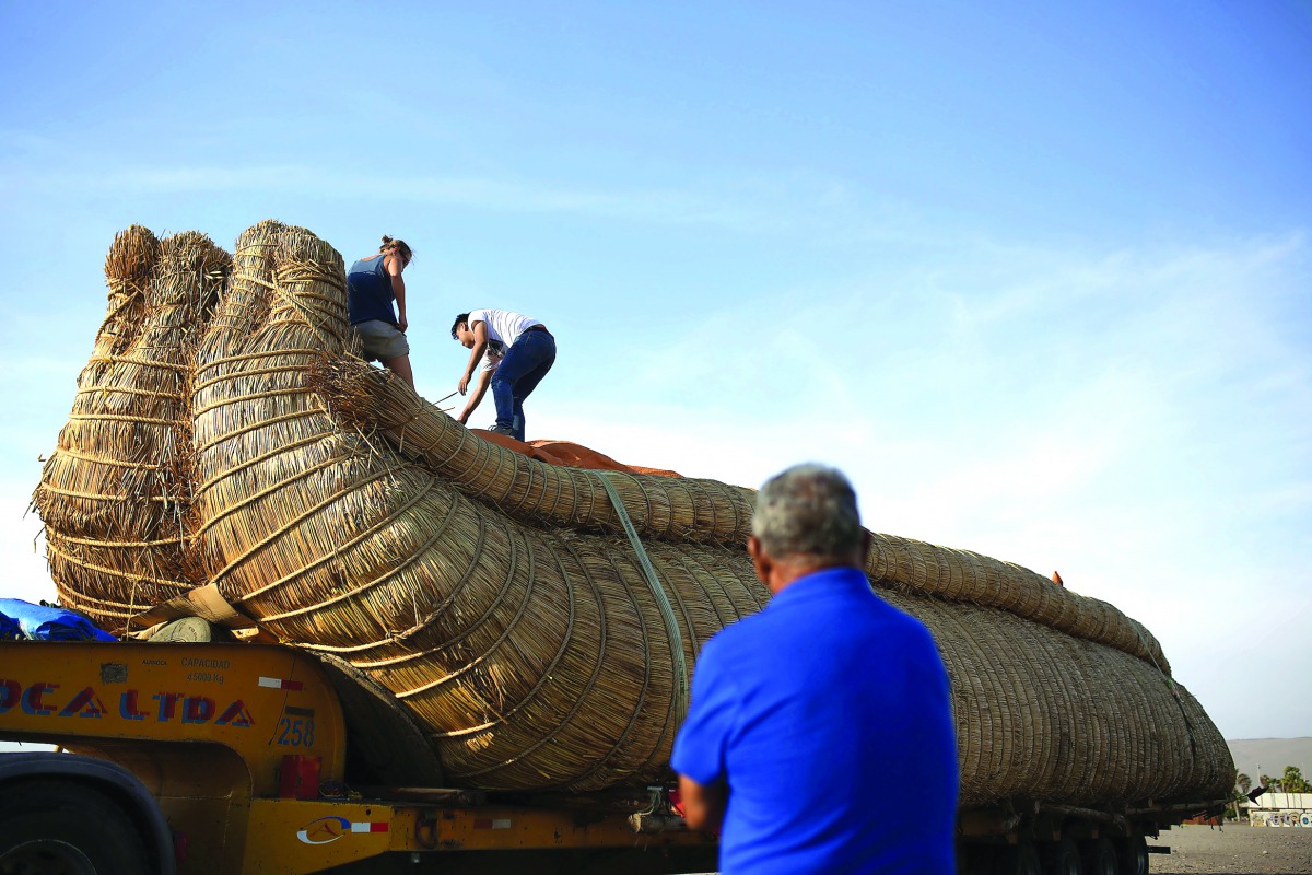 The 'Viracocha III', a boat made only from reeds, is pictured after arriving to a beach on the Pacific shores in the northern Chile as part its preparation to cross to Australia on an expected six-month journey, in Arica, Chile February 9, 2017. Picture t