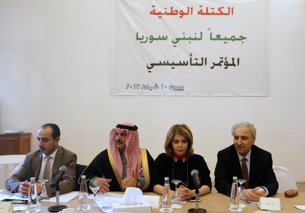 Syrian dissident Louay Hussein and other political figures launch a Syrian political umbrella group called the National Bloc in Beirut, Lebanon February 10, 2017. REUTERS/Mohamed Azakir
