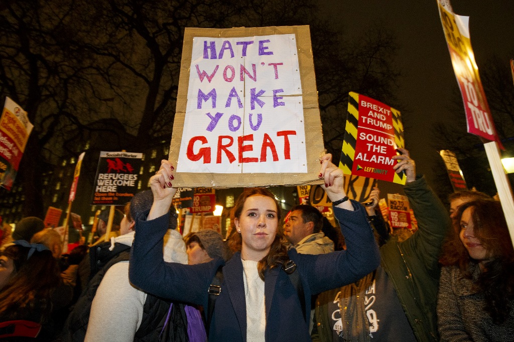 People protest against the US travel and immigration ban from seven Muslim-majority countries and demand President Donald Trump's planned state visit to the UK to be cancelled outside Downing Street in London, England on January 30, 2017. ( Tolga Akmen - 