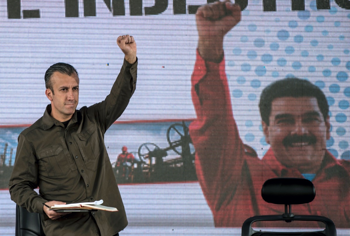 This file photo taken on January 31, 2017 shows Venezuelan Vice-President Tareck El Aissami gesturing during a rally with workers of PDVSA state-owned oil company in Caracas. El Aissami hit back at the United States on February 14, 2017 for labeling him a