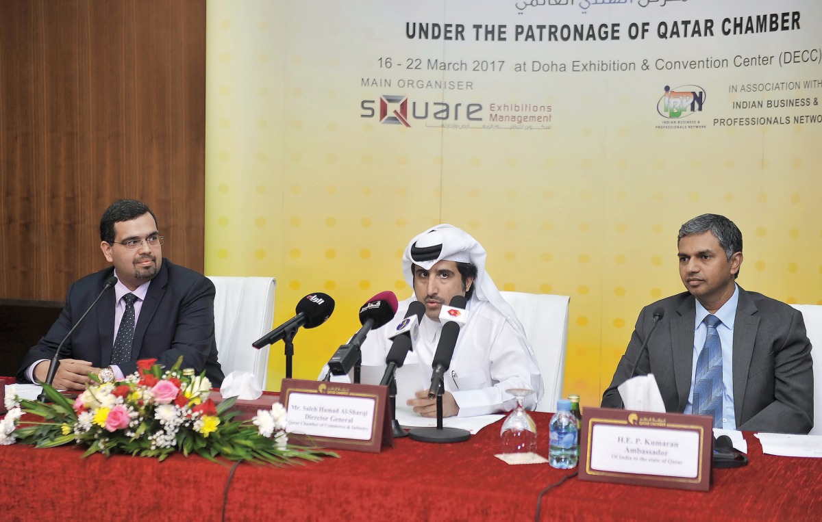 P Kumaran (right), Ambassador of India to Qatar,  Saleh Hamad Al Sharqi (centre), Director General of Qatar Chamber; and Sumit Malhotra, General Secretary of IBPN, at the press conference. (Pic: Abdul Basit/The Peninsula)