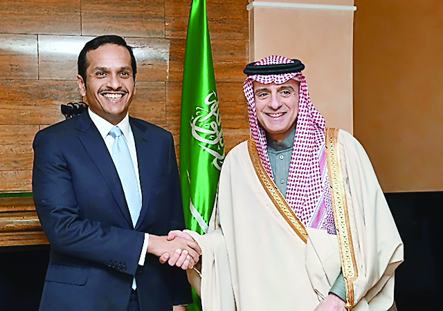 Foreign Minister H E Sheikh Mohammed bin Abdulrahman Al Thani with Saudi Minister of Foreign Affairs, Adel bin Ahmed Al Jubeir, on the sidelines of Munich Security Conference yesterday.