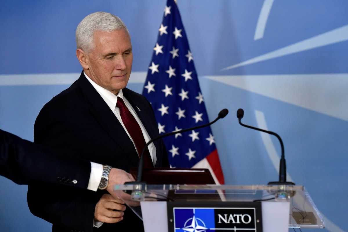 U.S. Vice President Mike Pence arrives for a statement at the NATO headquarters in Brussels, Belgium, February 20, 2017. REUTERS/Eric Vidal