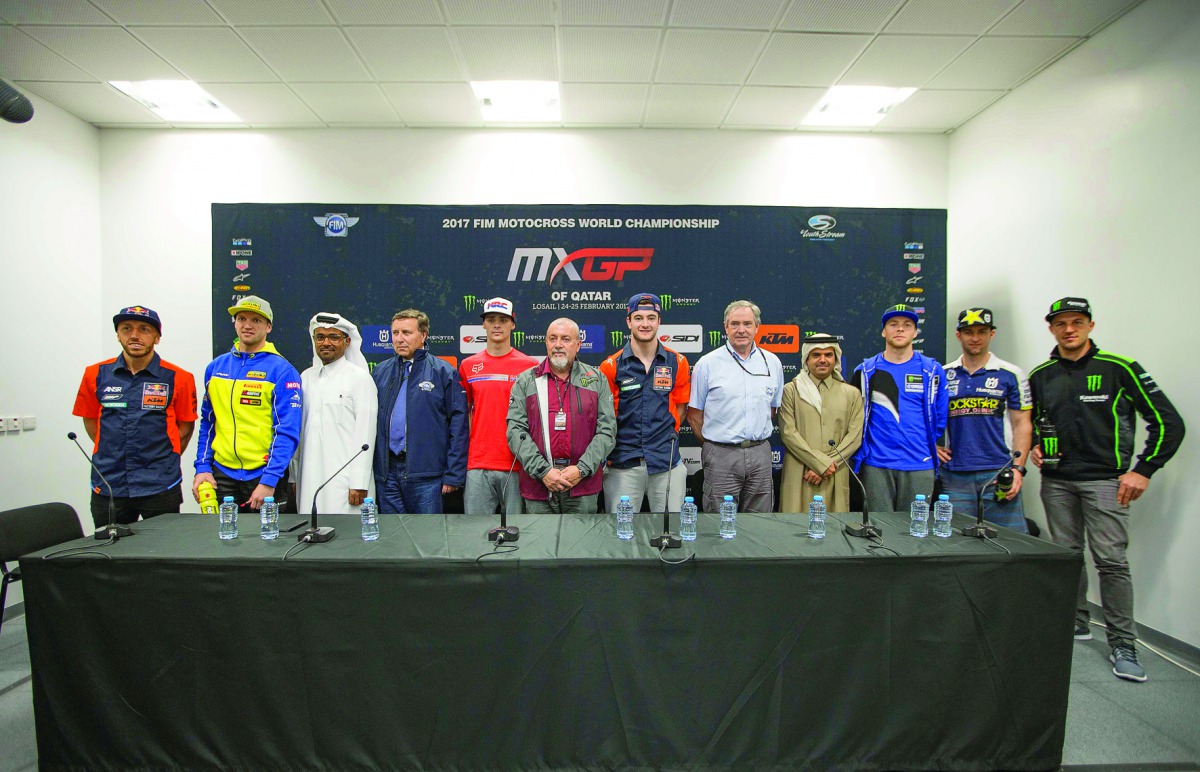 (From left) MXGP riders Antonio Cairoli, Kevin Strijbos, Qatar Motor and Motorcycle Federation (QMMF) President Abdulrahman Al Mannai, FIM Europe President Dr. Wolfgang Srb, Tim Gajser, Giuseppe Luongo, Jeffrey Herlings, FIM Motocross Commission Director,